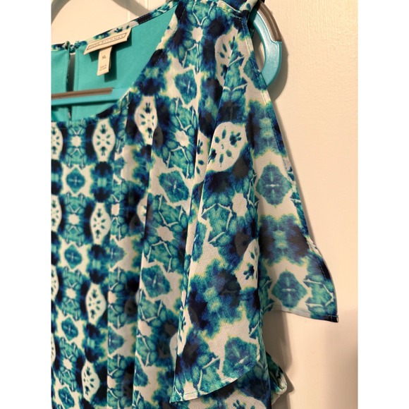 Dana Buchman Women's XL Teal Blue Geometric Print Sleeveless Ruffle Dress Lined - Picture 10 of 14